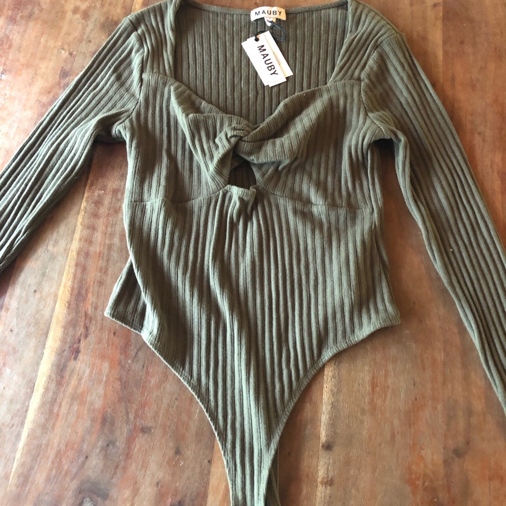 NWT Mauby Bodysuit Olive Ribbed Twist-Front Sweetheart Neckline
